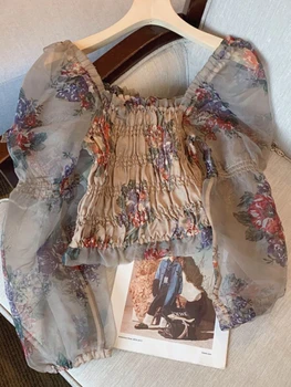 Весенняя женская блузка из органзы, Пуловер, квадратный воротник, шифоновая рубашка с цветочным принтом, длинные рукава-фонарики, женские облегающие топы