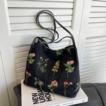 Винтажная сумка через плечо с цветущим рисунком, женские сумки-тоут из хлопчатобумажной льняной ткани, модная женская сумочка