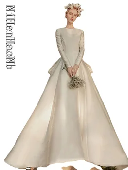 Винтажное свадебное платье из атласа с длинным рукавом, Vestidos De Novia, трапециевидное платье со шлейфом, свадебное платье для новобрачных