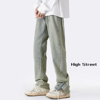 Винтажные прямые узкие джинсы, мужская уличная одежда в стиле ретро, джинсы в стиле хип-хоп, модные джинсовые брюки с разрезом на молнии и открытой вилкой на хай-стрит