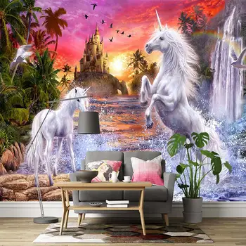 Водопад Red Sky Castle Creek Rainbow White Horse 3D По Индивидуальному заказу Спальня, Гостиная, Диван, Фоновая Стена Для телевизора, Фреска, Обои