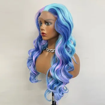 Выделите Синий красочный парик Многоцветный Волнистый Трансвестит Прозрачный Кружевной передок Бесклеевые Предварительно Выщипанные Косплей-парики для чернокожих женщин