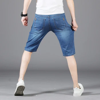 Высококачественные хлопчатобумажные мужские прямые летние тонкие джинсы с высокой эластичностью, короткие джинсы классического бренда 2021 года, повседневные легкие короткие джинсы