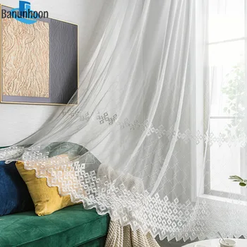 Газовые занавески с геометрической вышивкой в китайском стиле, белая тюлевая ткань, гостиная, спальня, балкон
