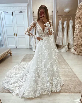 Глубокий V-образный вырез, длинные рукава, кружевное свадебное платье с цветами ручной работы, свадебные платья на заказ