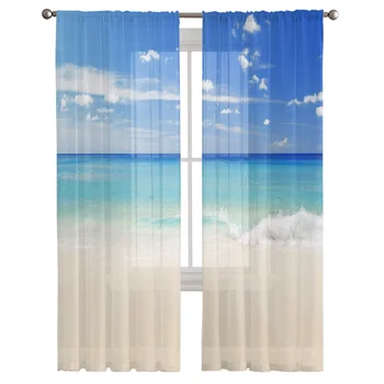 Голубое небо Тропический пляж с белым песком Прозрачные шторы для гостиной Спальни Кухни Шифоновые тюлевые шторы для домашнего гостиничного кофейного декора