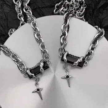 Готическая Стильная цепочка из титановой стали, бечевка, Обсидиан, Персонализированное ожерелье/браслет с подвеской в виде звезды в стиле панк для мужчин/женщин