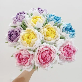 Готовый букет из роз ручной вязки, искусственный плетеный цветок ручной работы Для украшения домашнего стола, подарок на день Святого Валентина