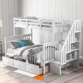Двуспальная двухъярусная кровать с выдвижным ящиком, местом для хранения и ограждением для спальни, общежития, для взрослых, белый цвет