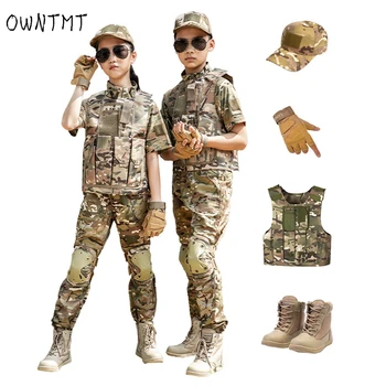 Детская камуфляжная тренировочная одежда, короткий костюм для мальчиков, уличная CS, Походная военная форма, Тактическая рубашка, Брюки