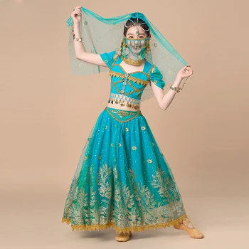 Детский костюм принцессы Аладдин Жасмин для косплея, танцевальный костюм для девочек, индийский танец, необычное праздничное платье для косплея, костюм