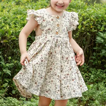 Детское платье трапециевидной формы с цветочным принтом, хлопковое кружевное платье с большим подолом, милое платье для вечеринки для дома