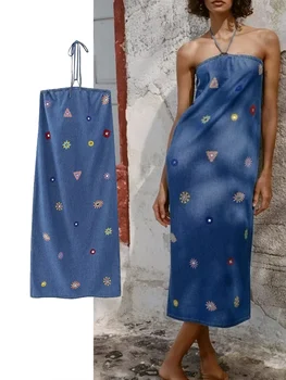 Джинсовое платье TRAF, женское длинное платье-комбинация с вышивкой, женское сексуальное платье миди с открытой спиной, летнее пляжное платье