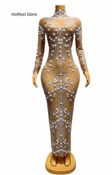 Европейская и американская певица Propeller GOGO, сексуальное сетчатое полупрозрачное длинное платье с жемчугом и водяными бриллиантами, платье для выступлений на сцене