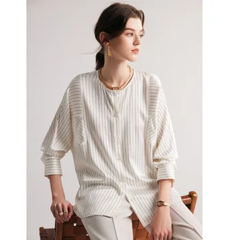 Женская блузка из 90% шелка, свободная рубашка с круглым вырезом в полоску, однобортный элегантный повседневный топ Desigan, Новая мода