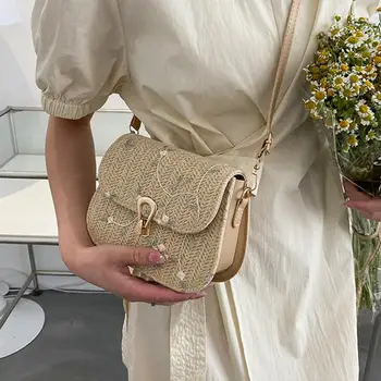 Женская сумка на одно плечо соломенная плетеная сумка через плечо с регулируемым ремешком с рисунком зеленых листьев Летняя сумка-мессенджер