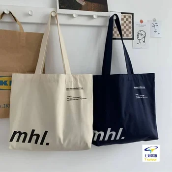 Женская холщовая сумка через плечо с принтом Mhl, женская повседневная сумка-тоут, хлопковая многоразовая пляжная сумка для покупок большой емкости