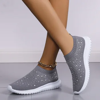 Женские кроссовки с дышащей сеткой из хрусталя, удобные туфли на плоской подошве с мягкой подошвой, нескользящая повседневная обувь большого размера, женская 2023