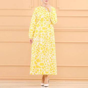Женские платья Abayas с круглым вырезом и длинным рукавом, макси-платье с этническим принтом, Весна 2022, Удобный повседневный Желтый Длинный халат, облегающий талию.