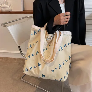 Женские сумки, холщовая сумка, новая сумка через плечо с вышитыми смайликами и буквами, вместительная сумка для студентов в классе.