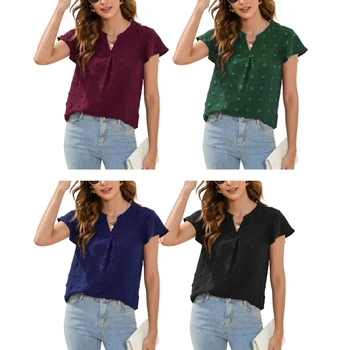 Женские топы в горошек, Летние повседневные рубашки с V-образным вырезом, свободные футболки с коротким рукавом, N7YD