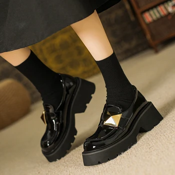 Женские туфли-лодочки в стиле Лолиты JK, милые туфли-лодочки на платформе Mary Jane, лоферы из натуральной кожи с металлической пряжкой на низком каблуке 6 см, обувь A26-20