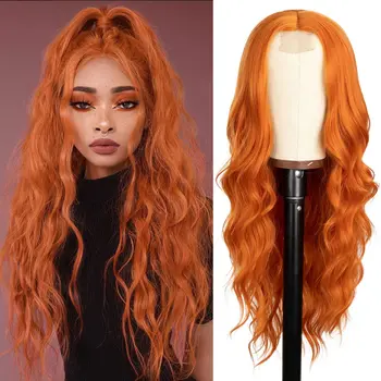 Женский оранжевый кудрявый волнистый парик на переднем шнурке, глянцевый натуральный термостойкий синтетический парик, повседневный парик на переднем шнурке