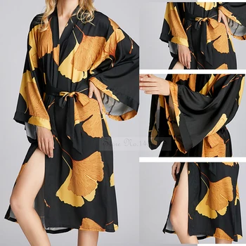 Женский Черный Длинный халат, ночная рубашка, Сексуальное Кимоно с принтом листьев Гинкго, халат, пижама, Весенне-летнее Свободное Атласное домашнее платье