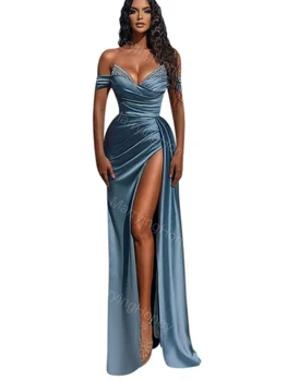 Женское вечернее платье из атласа с V-образным вырезом, расшитое бисером, длинное плиссированное платье русалки с открытыми плечами для выпускного вечера, вечерние платья в пол с высоким разрезом
