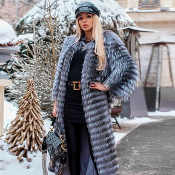Женское пальто на заказ, куртка из натурального меха чернобурки, новинка 2022 года, зимнее модное длинное теплое меховое пальто больших размеров