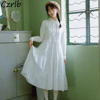 Женское платье в стиле ретро, белое, с длинным рукавом, осенняя одежда, Трапециевидное однотонное модное платье Миди Mori Girls с высокой талией, нежное