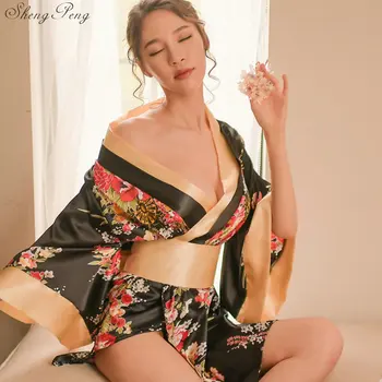 Женское японское кимоно, халат с цветочным рисунком, сексуальная ночная рубашка, пижамы, Юката, элегантные повседневные спа, Японские сексуальные костюмы для косплея V2936