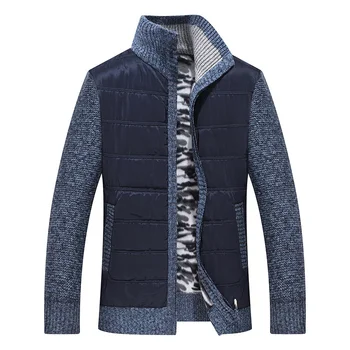 Зимний мужской флисовый кардиган, модный пэчворк, теплый вязаный свитер, пальто, толстый вязаный кардиган с воротником-стойкой, мужские повседневные свитера