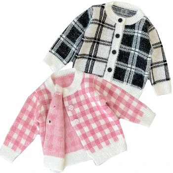 Зимний свитер для маленьких девочек и мальчиков, Модный вязаный кардиган, куртка, пальто, детский свитер в клетку, пальто, кардиган для маленьких девочек, осенние свитера
