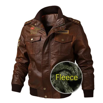 Зимняя флисовая утолщенная мужская кожаная куртка из искусственной кожи с воротником-стойкой, повседневная кожаная куртка с вышивкой