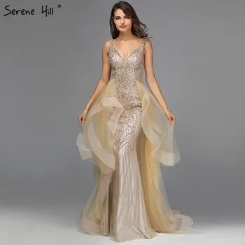 Золотое платье для выпускного вечера с V-образным вырезом, расшитое бисером и кристаллами, без рукавов, русалка, сексуальные платья для выпускного вечера, дизайн 2023 Serene Hill BLA70169
