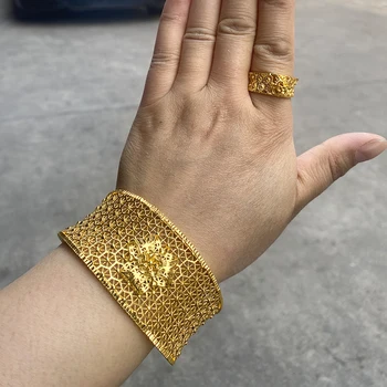 Индийские браслеты-манжеты, Браслеты Золотого цвета, Дубайский браслет с кольцом для женщин, Большой Цветок, Регулируемые Свадебные Эфиопские ювелирные подарки