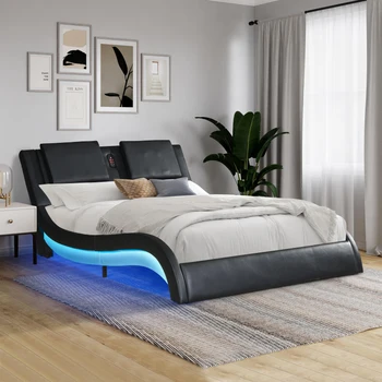 Каркас кровати-платформы, обитый искусственной кожей, со светодиодной подсветкой, подключением Bluetooth, дизайном изгиба для вибромассажа спинки, Queen