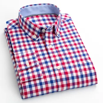 Качественная клетчатая мужская однотонная оксфордская рубашка с длинным рукавом и левым нагрудным карманом, мужские повседневные топы обычного кроя, рубашки на пуговицах