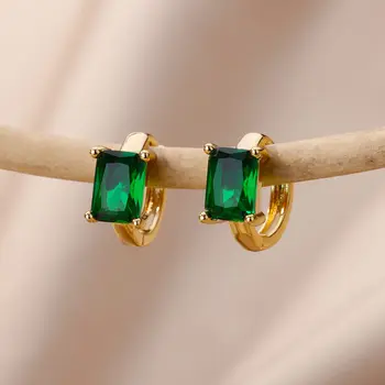 Квадратные Зеленые серьги-кольца с цирконием для женщин, роскошные позолоченные серьги для пирсинга из нержавеющей стали, Свадебный Эстетичный Ювелирный подарок