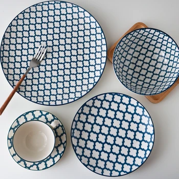 Керамическая подглазурная посуда синего цвета с четырьмя листьями клевера/10-дюймовая тарелка/Десертная тарелка