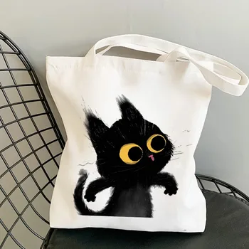 Классическая винтажная сумка-тоут 90-х годов Y2K с котом на плече, черная сумка, женская холщовая сумка для покупок в стиле Харадзюку, сумка для девочек, подарочная сумка