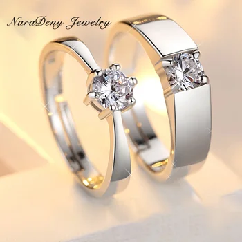 Классическое обручальное кольцо с одним бриллиантом из стерлингового серебра 925 пробы в корейском стиле для влюбленных с возможностью изменения размера для женщин и мужчин