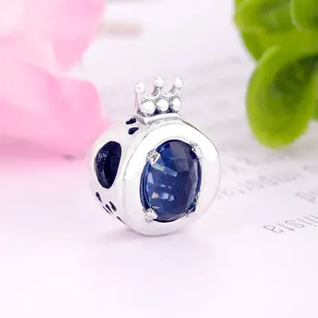 Кольцо из стерлингового серебра 925 пробы в форме Короны Светло-голубой циркон Камень Бусина Подходит для изготовления оригинального браслета-оберега Berloque