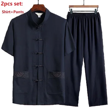 Комплект из 2 предметов, традиционный китайский мужской комплект одежды, мужская униформа восточного тайцзицюань Кунфу, льняные повседневные китайские костюмы с коротким рукавом