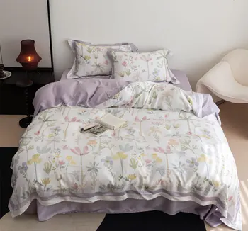Комплект постельного белья Romantic sweet rustic flower фиолетового цвета, полный комплект queen king, французский пасторальный домашний текстиль, плоская простыня, наволочка, пододеяльник