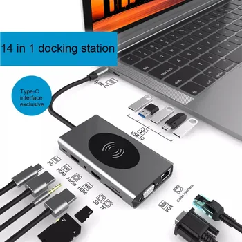 Концентратор Type C 14 в 1 HDMI RJ45 VGA с Тройным Дисплеем USB-Концентратор 3,0 Адаптер-Док-станция для MacBook Pro Card Reader USB Splitter USB C