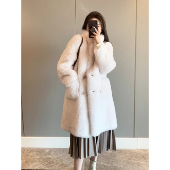 Корейское Модное пальто из 100% шерсти с воротником-стойкой, Женская Элегантная Зимняя куртка из толстого меха