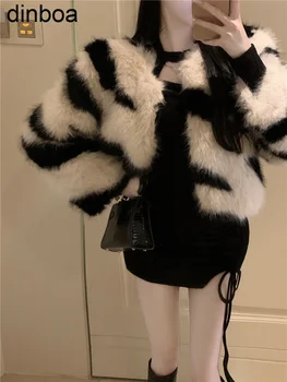 Короткая Куртка Из Искусственного Меха В Полоску с Цветными Блоками в виде Зебры, Теплый Осенне-Зимний Укороченный Топ, Женское Модное Пальто Y2k, Укороченное Роскошное Элегантное 2022