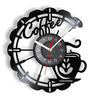Кофейная чашка, вырезанная из Лонгплея, настенные часы, Кухонный декор, кофейня, вывеска, Черные Бесшумные подвесные настенные часы, Подарки для бариста